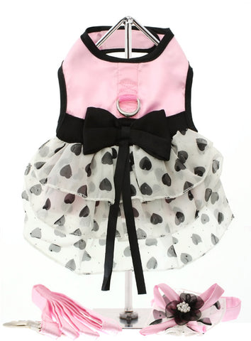 Pink Satin and Hearts Chiffon Dog Harness Dress With Lead and Hat