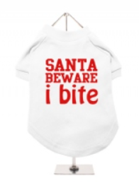 Christmas Dog T-Shirt - Santa Beware I Bite - White / Red