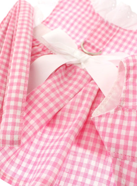 Pink Gingham White Satin Harness Dog Dress, Matching Lead and Collar