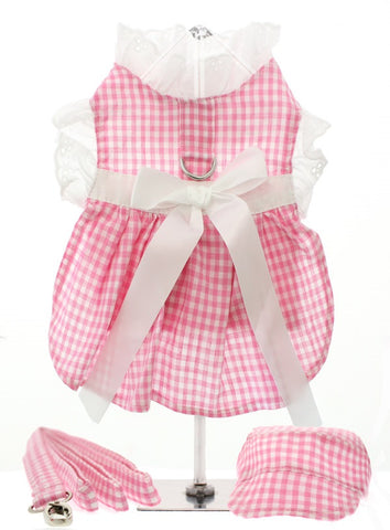 Pink Gingham White Satin Harness Dog Dress, Matching Lead and Collar