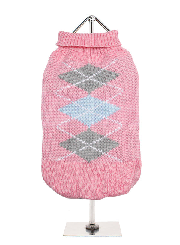 Dog Sweater - Argyle Baby Pink / Grey