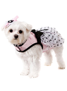 Pink Satin and Hearts Chiffon Dog Harness Dress With Lead and Hat
