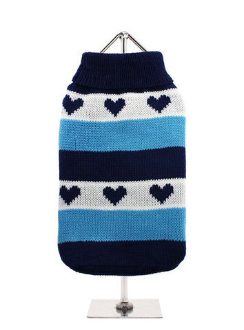 Blue Love Heart & Striped Dog Sweater